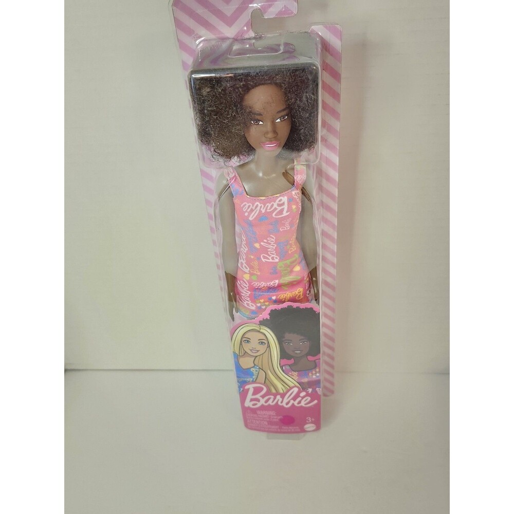 New Mattel Barbie Pink Barbie Logo Print Dress African American Doll